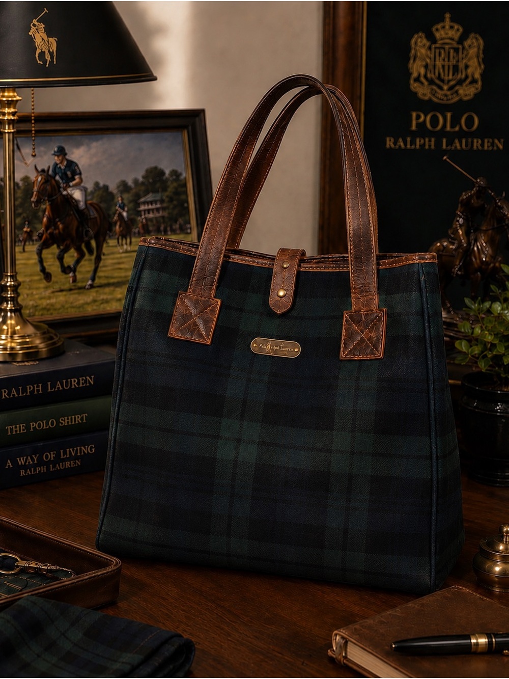 Polo by Ralph Lauren Blackwatch Plaid Tote Bag with Brown Leather Trim - Picture 7 of 7